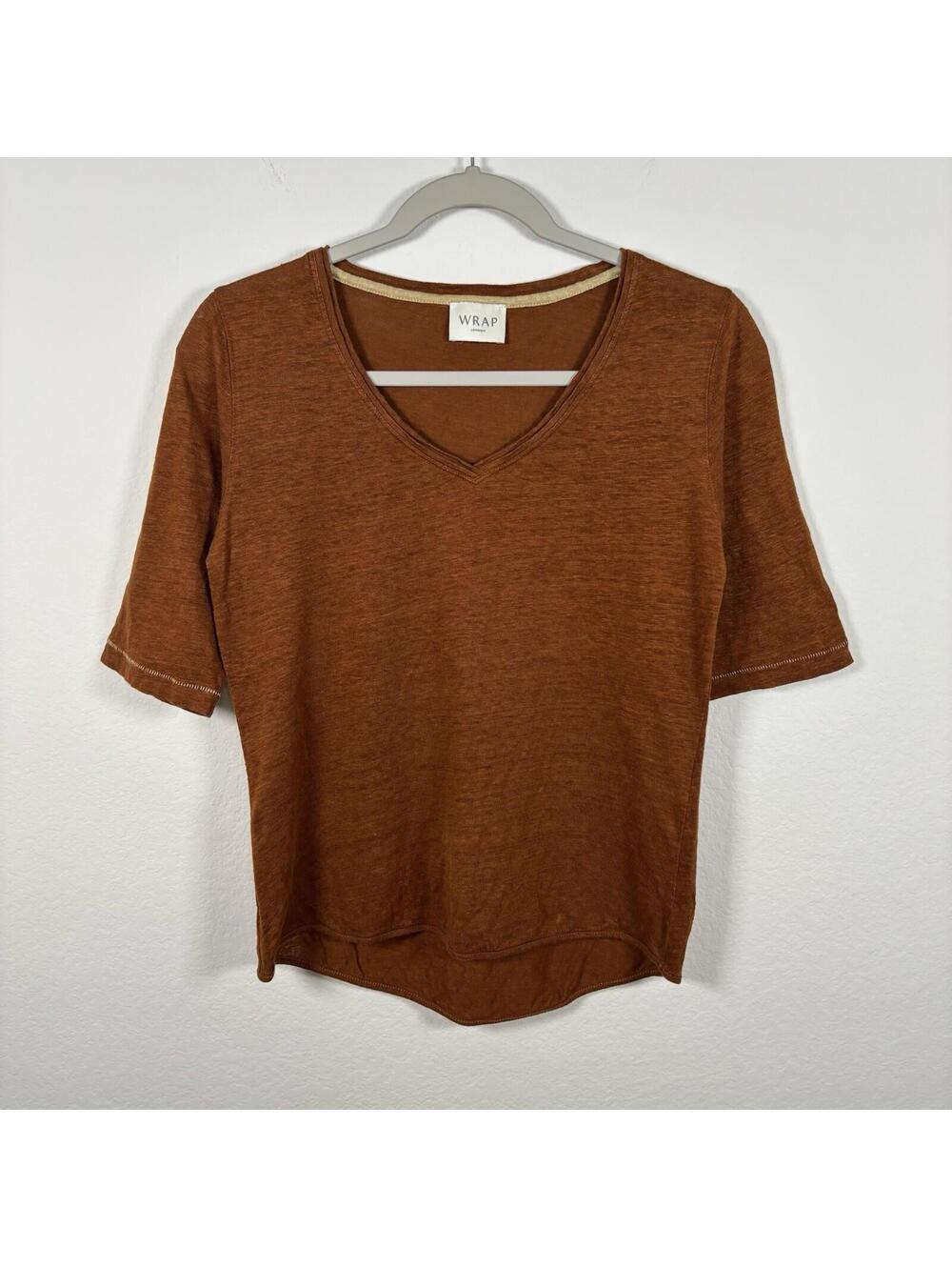Wrap London Rust Brown 100% Linen V-neck 3/4 Sleeve T-Shirt Top Size US 4 EUC
